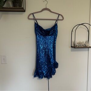 Lucy in the Sky Blue Sequin Sleeveless Corset Tie Back Ruffle Mini Dress Small